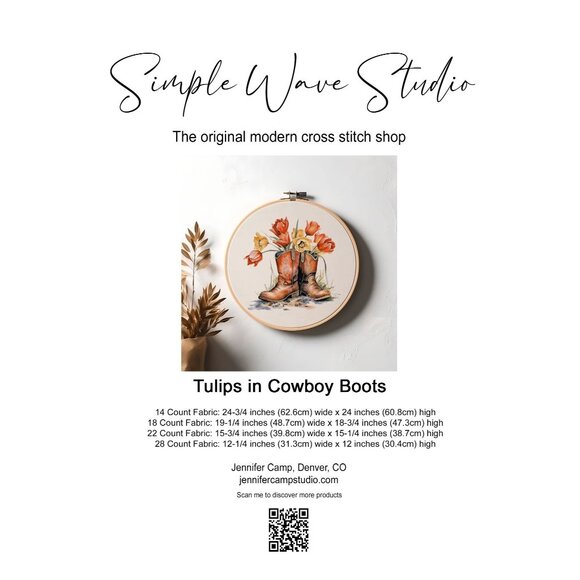 Wildflower Tulips in‎ Cowboy Boots Counted Cross Stitch Pattern NEW - Picture 1 of 3